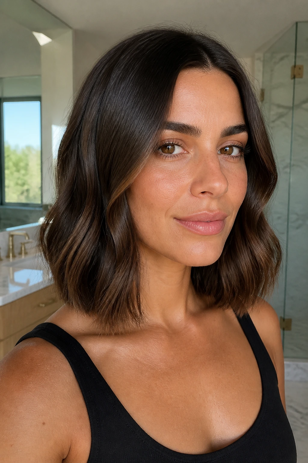 Close-up of a real woman with sleek-root wavy lob under bright daylight