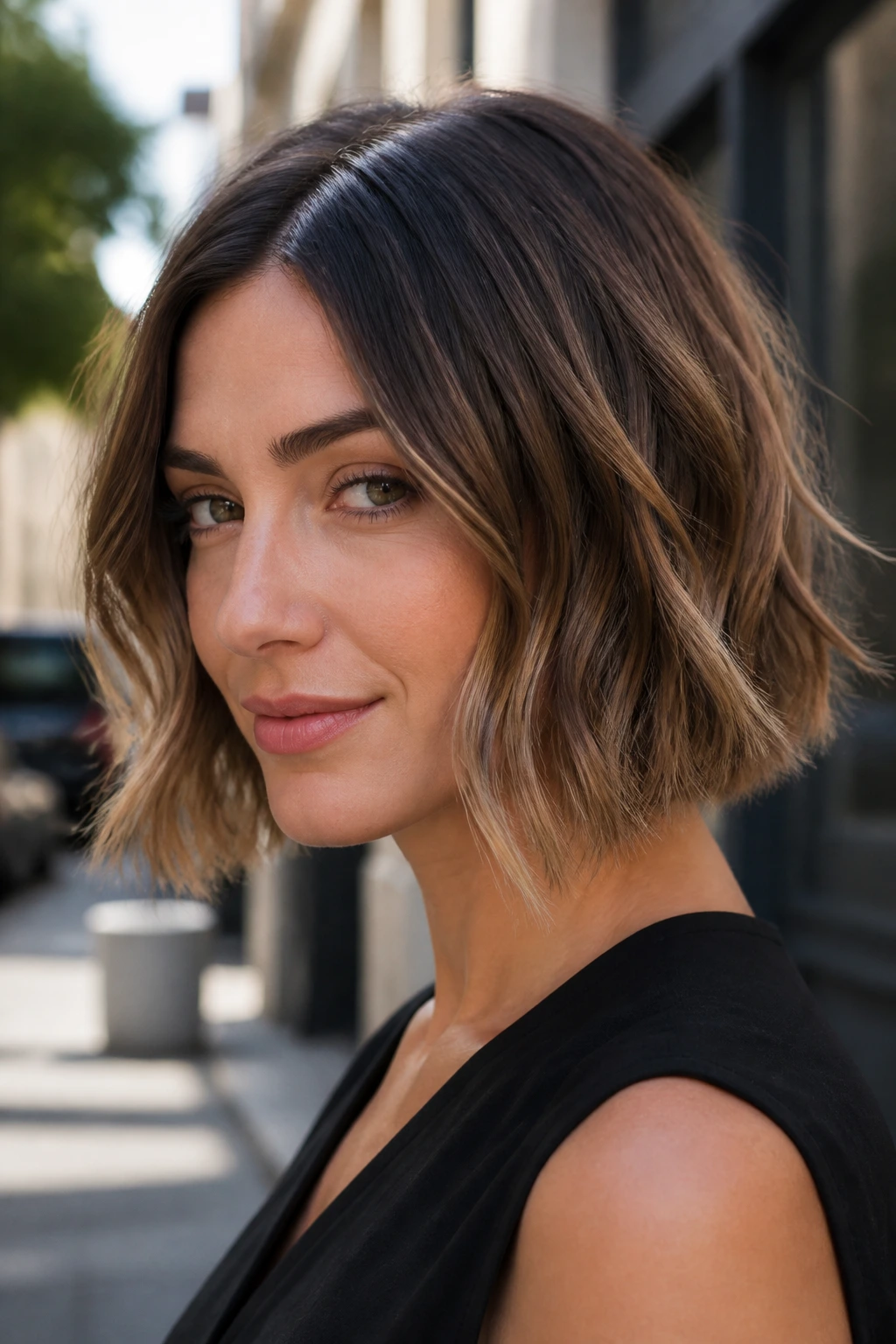 Real woman with sleek roots and wavy mid-length bob in urban setting