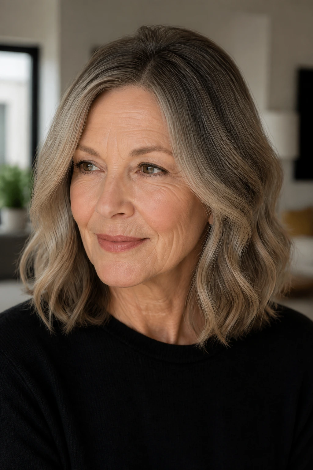 Portrait of a real woman with a sleek-rooted wavy lob and darkened roots