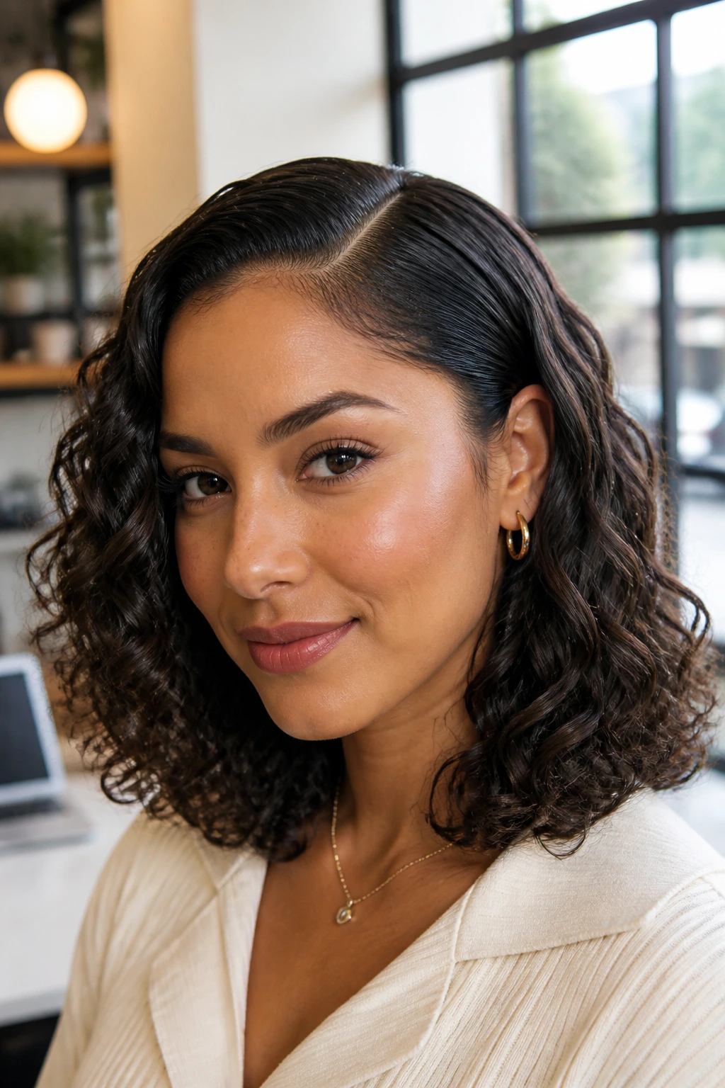 Close-up of shoulder-length hair with sleek roots and curly ends on a real woman