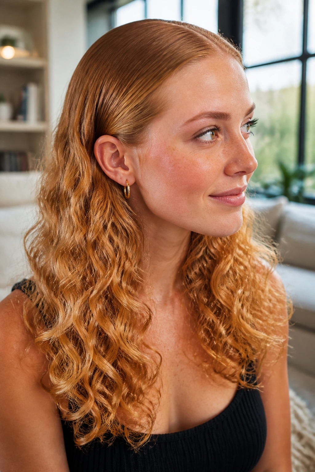 Portrait of a real woman with sleek roots and curly ends on strawberry-blonde hair.