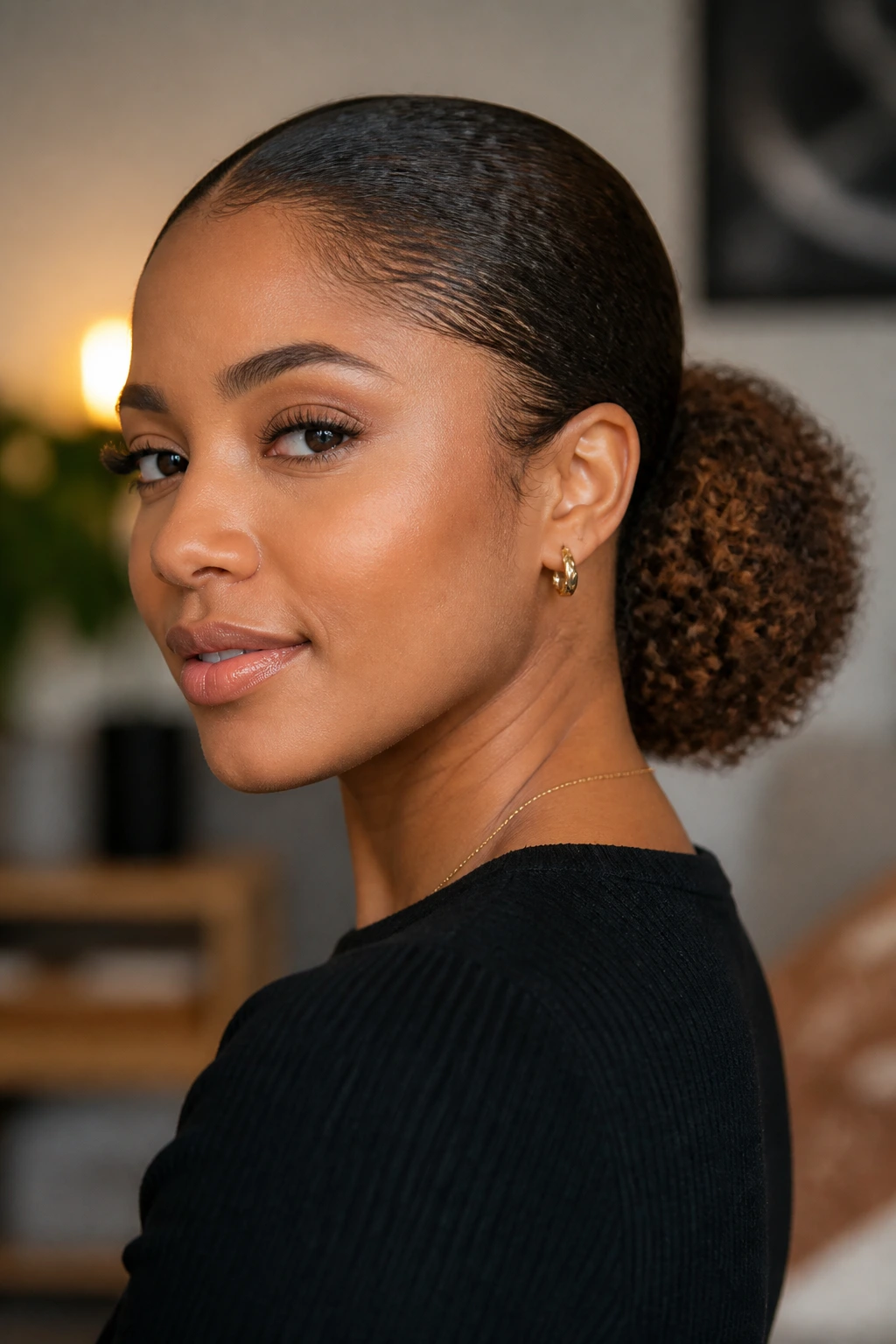 Close-up portrait of a real woman with sleek-rooted hair and a low puff at the nape.