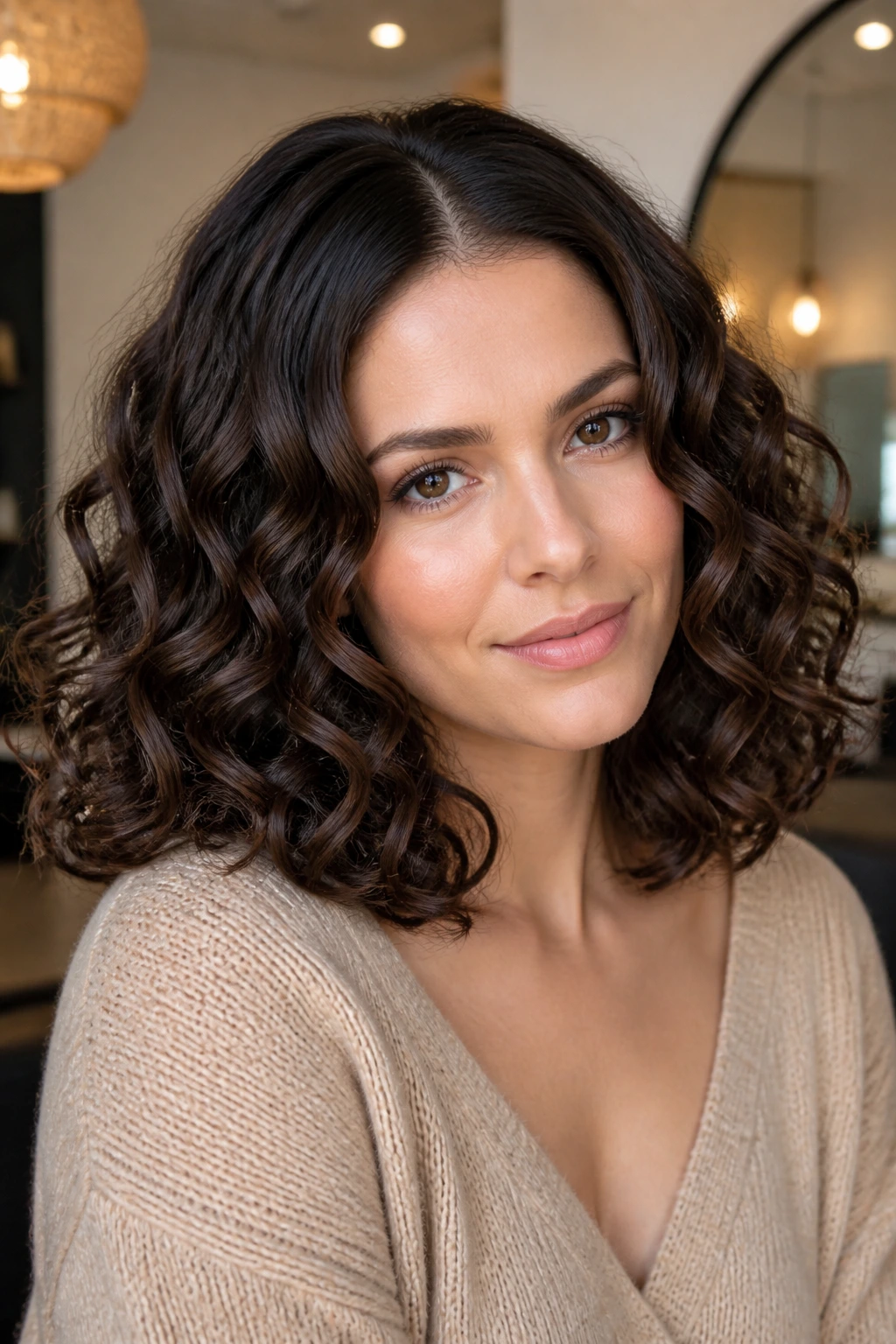 Close-up of a real woman's head showing sleek roots and full mid-length curls