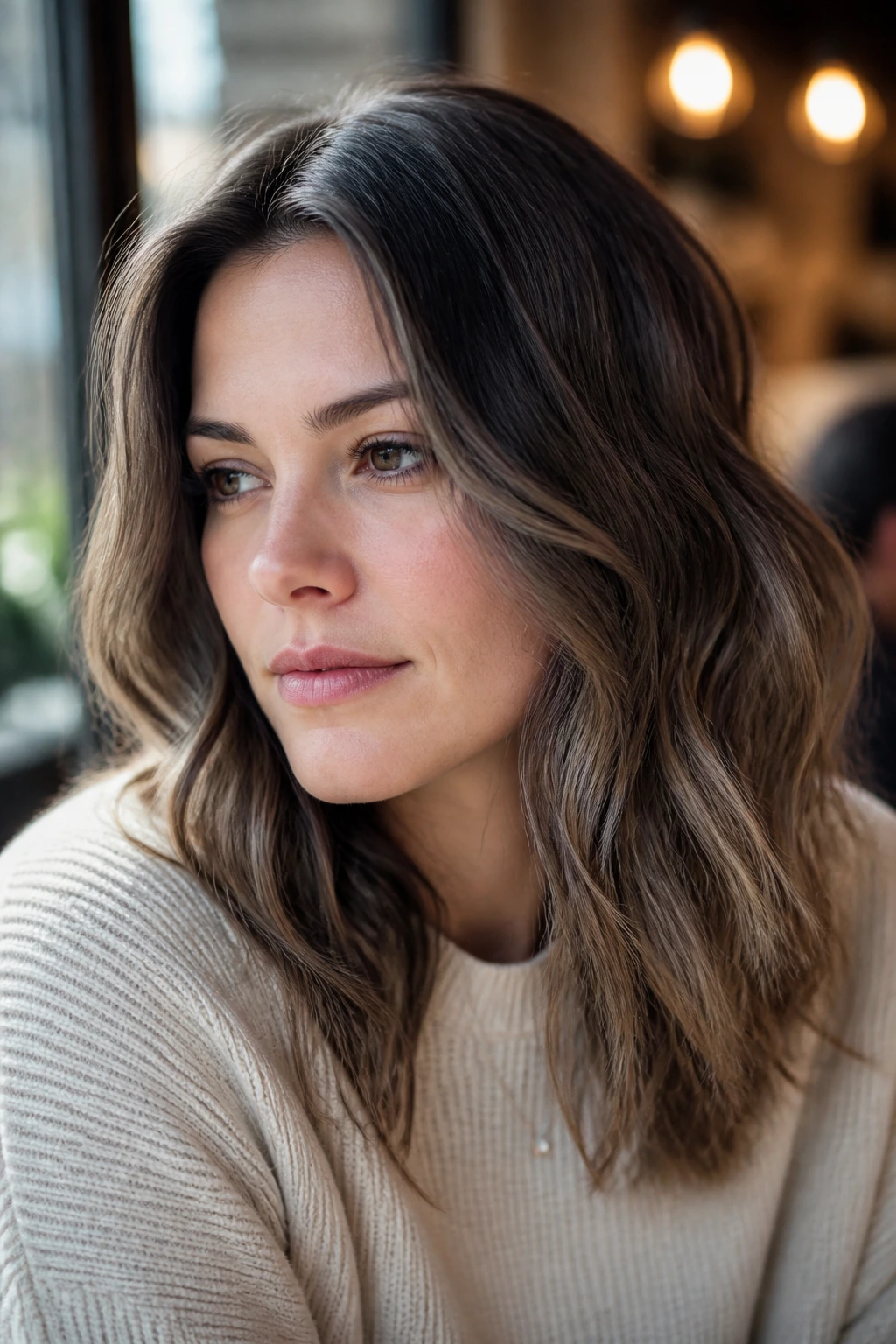 Close-up of a real woman with sleek roots and rumpled mid-lengths in cool-toned hair