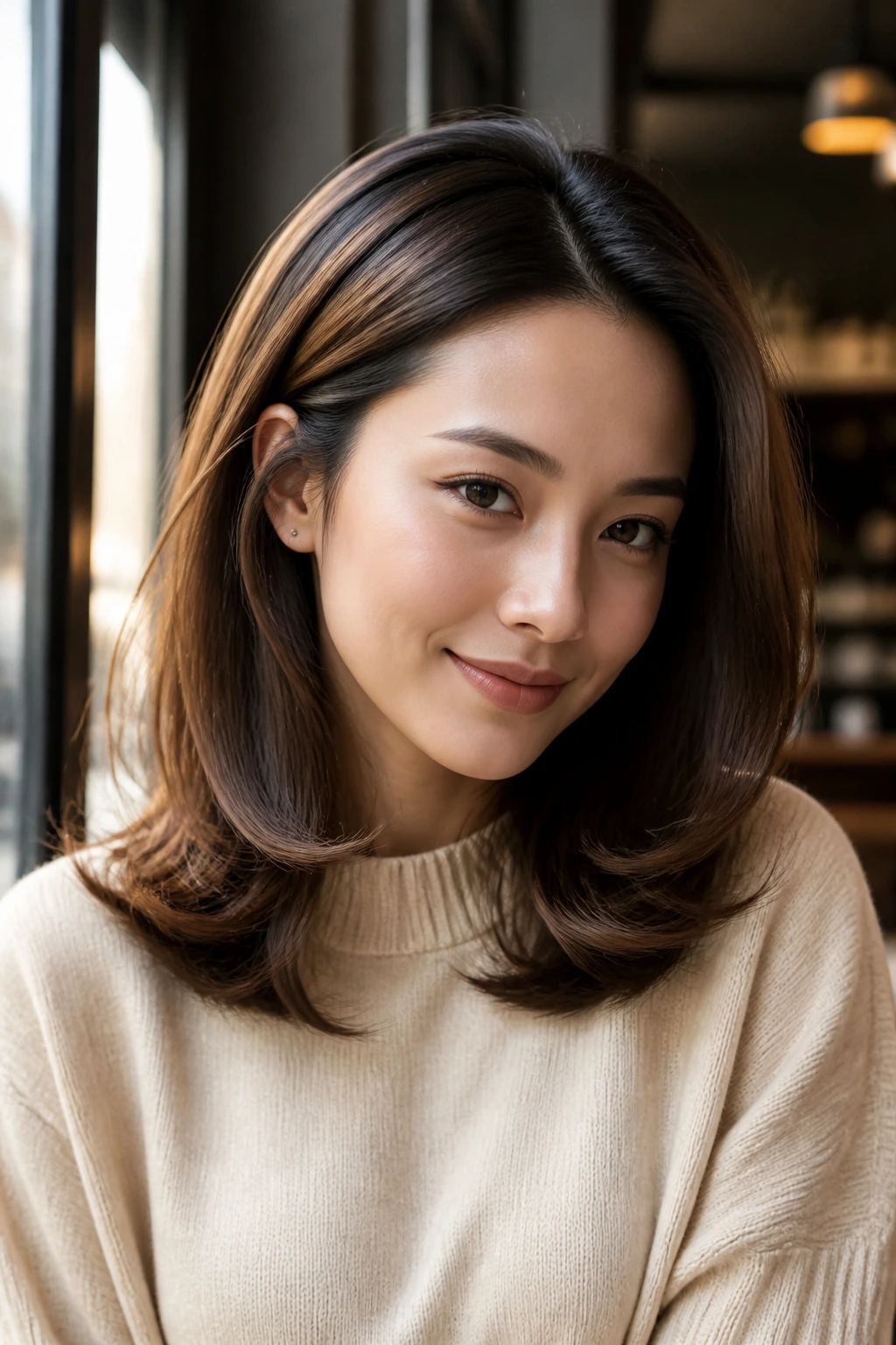 Close-up of sleek roots and bouncy mid-lengths on a real woman in a cafe window light