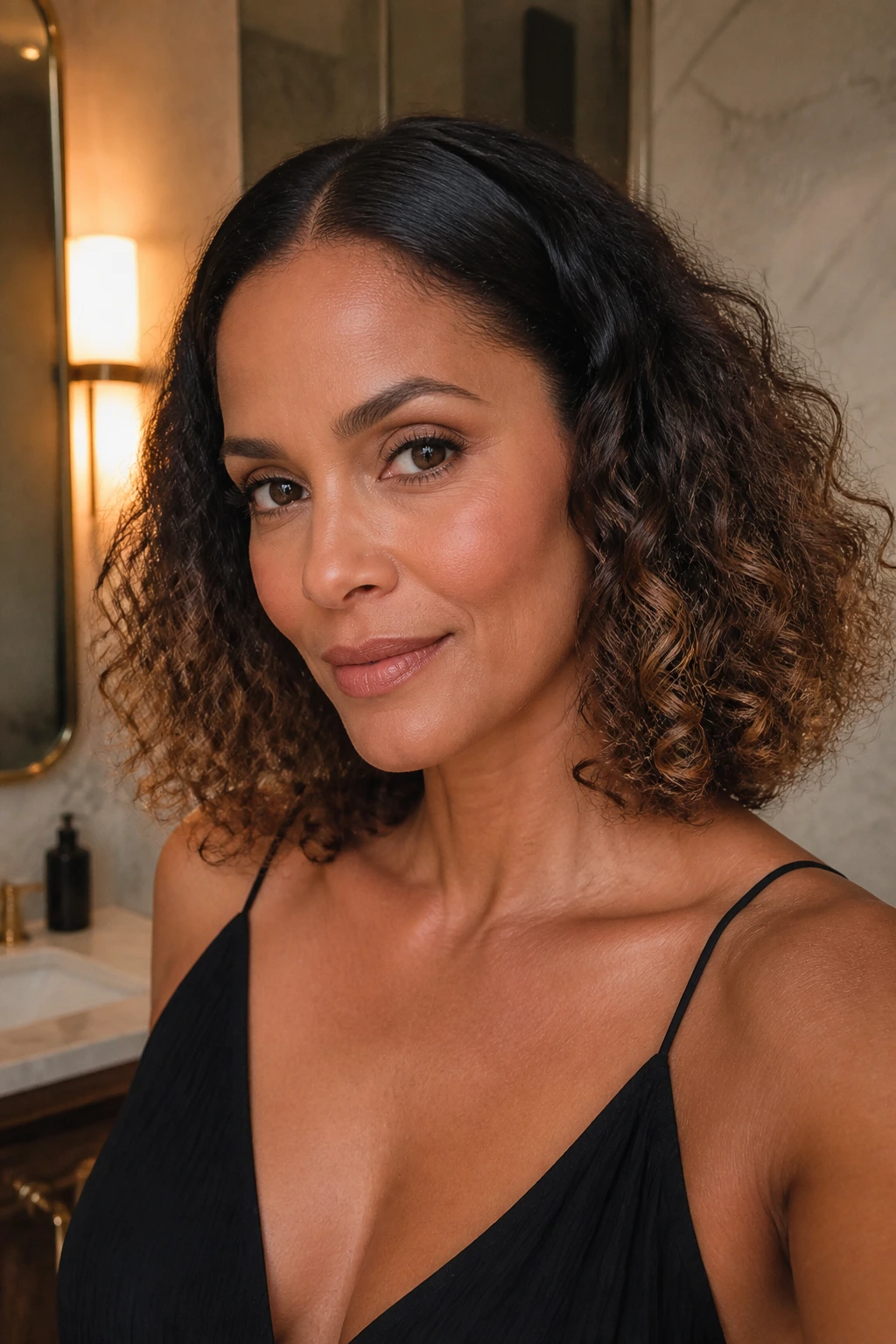 Close-up of a real woman with sleek roots and puffy ends in curly hair
