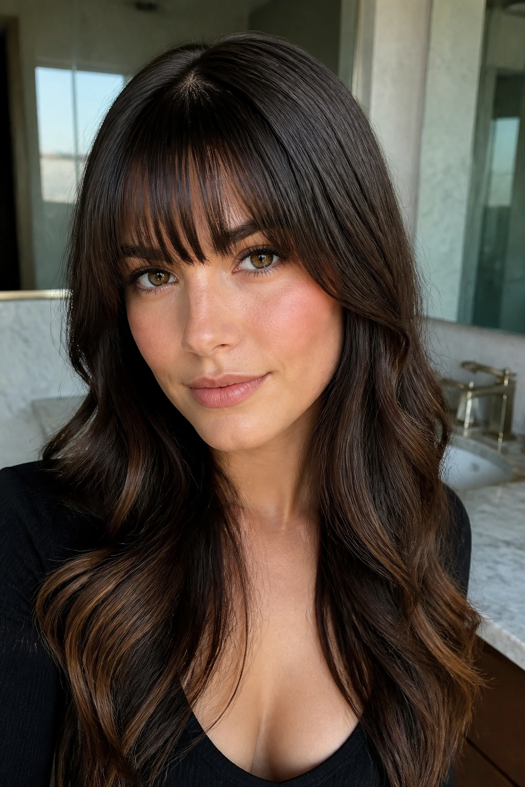 Close-up portrait of a real woman with sleek roots and wavy ends.
