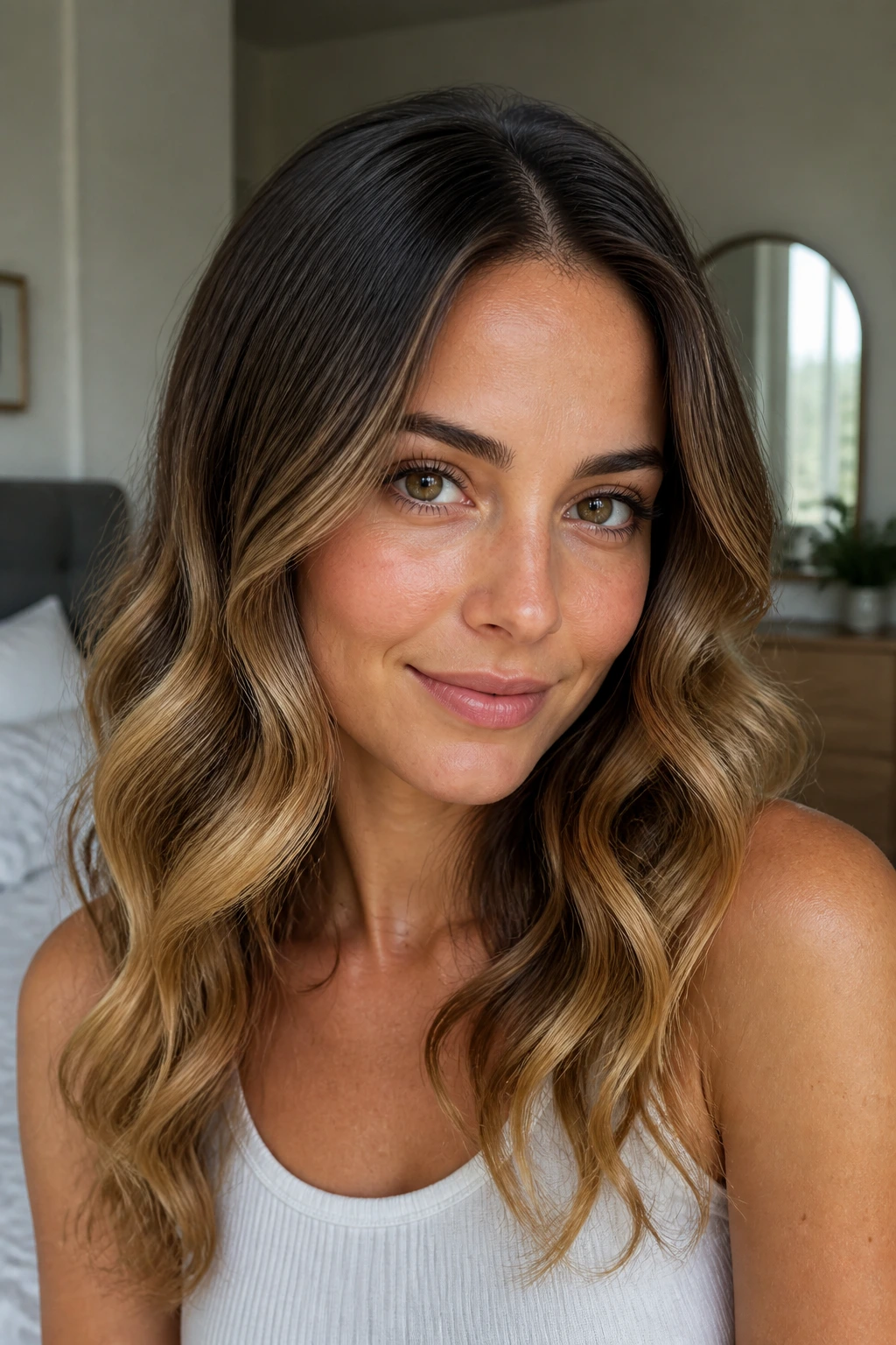 Close-up of a real woman with sleek roots and wavy ends in soft natural window light