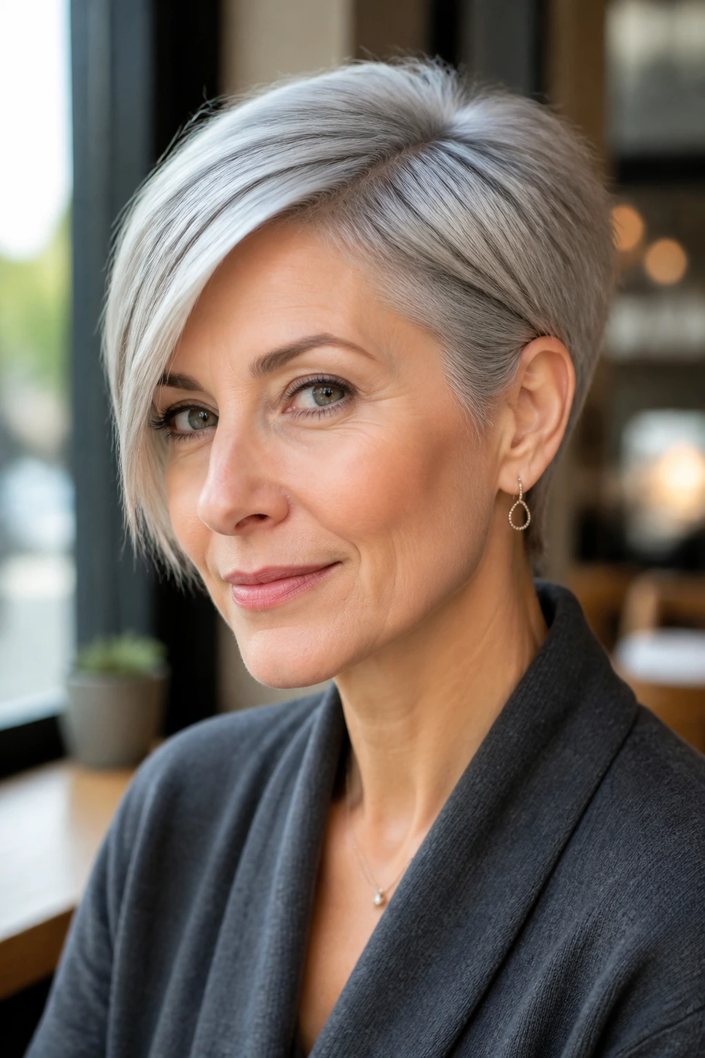 Close-up of gray-haired woman with Sleek Sculpted Pixie side tuck.