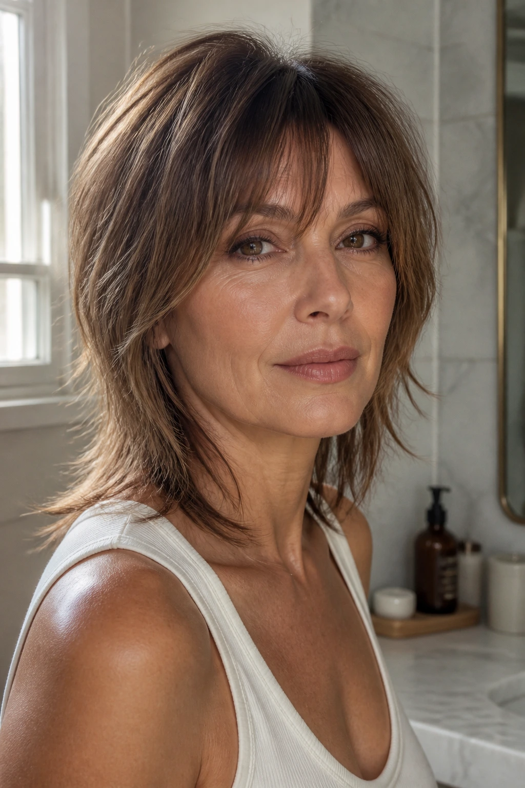 Close-up of a real woman with a Sleek Shag featuring piecey ends, natural window light