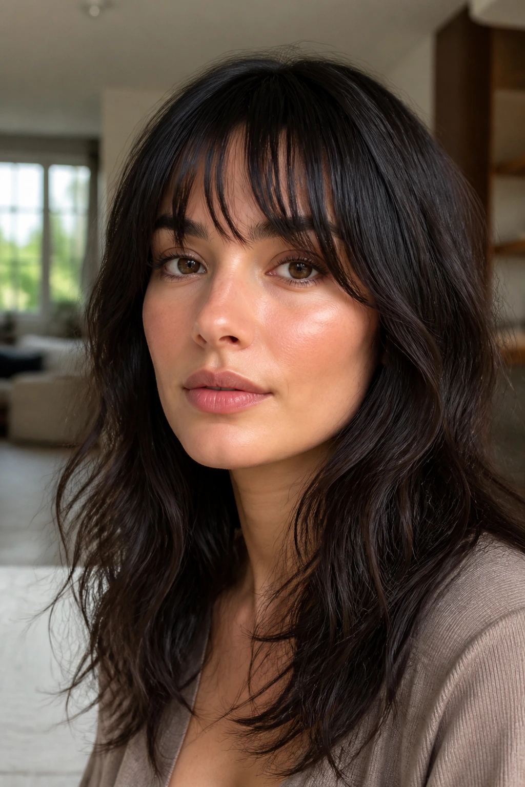 Close-up portrait of a real woman with sleek shag fringe and layered front