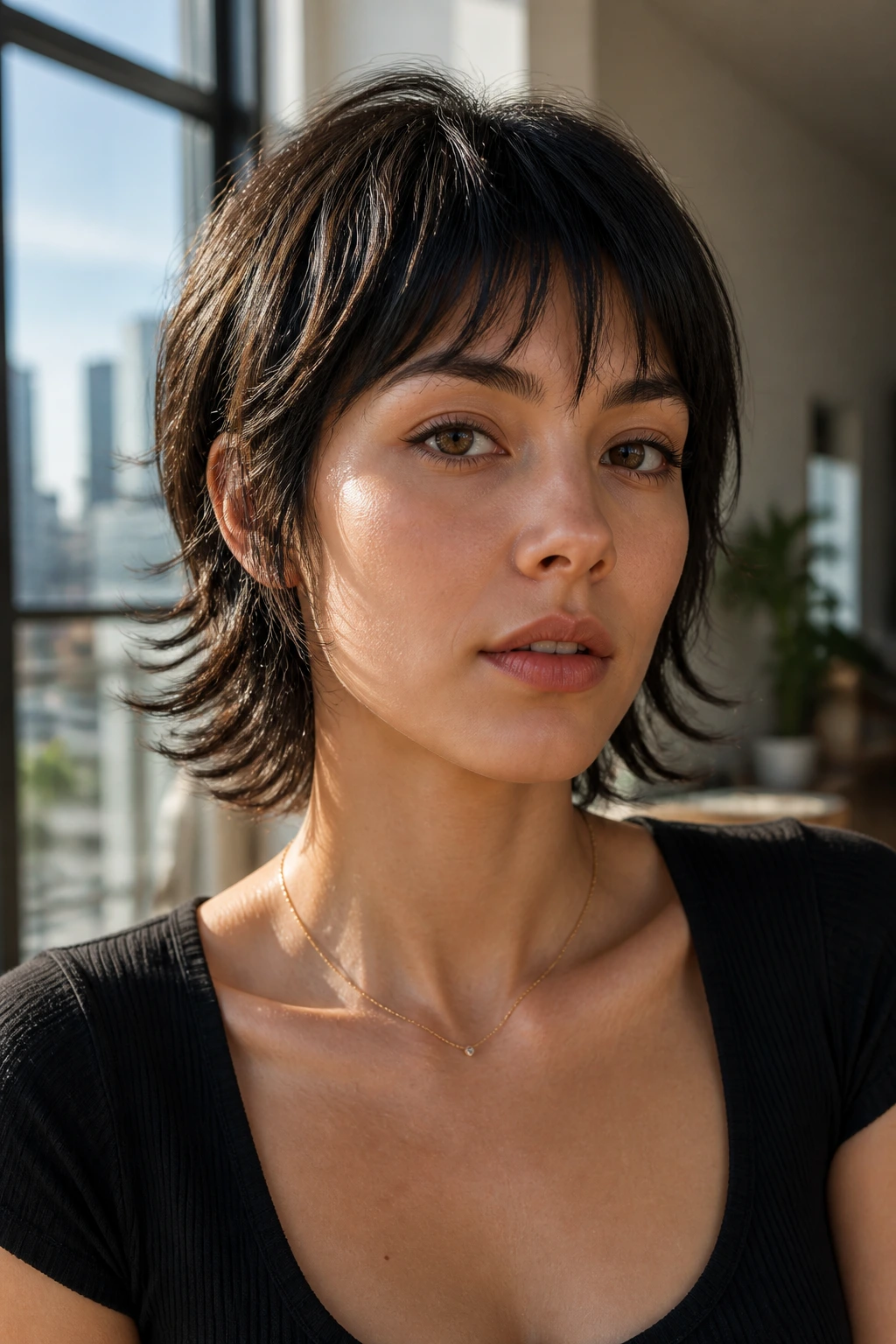 Close-up of a woman with a sleek shag and pushed-down layers.