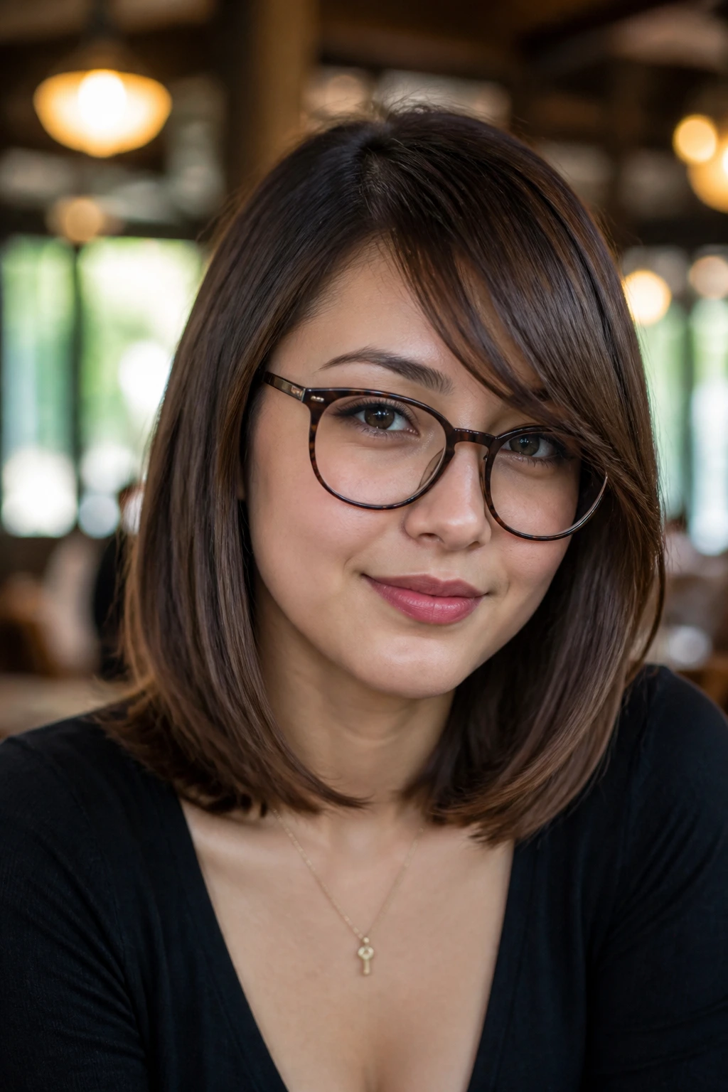 Close-up portrait of a real woman with a sleek shoulder-length cut and side-swept bangs