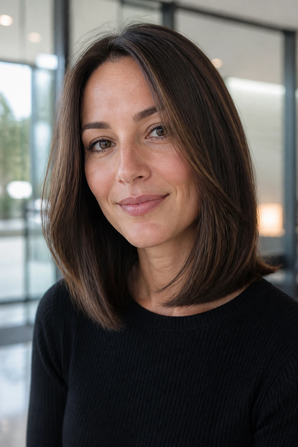 Close-up portrait of a real woman with a sleek shoulder cut and barely-there layers in daylight