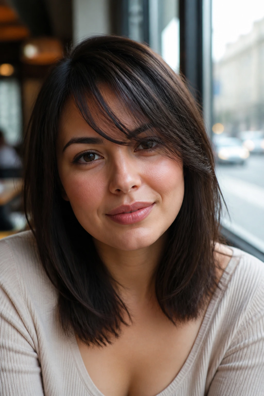 Sleek shoulder cut with piecey side bangs on a real woman