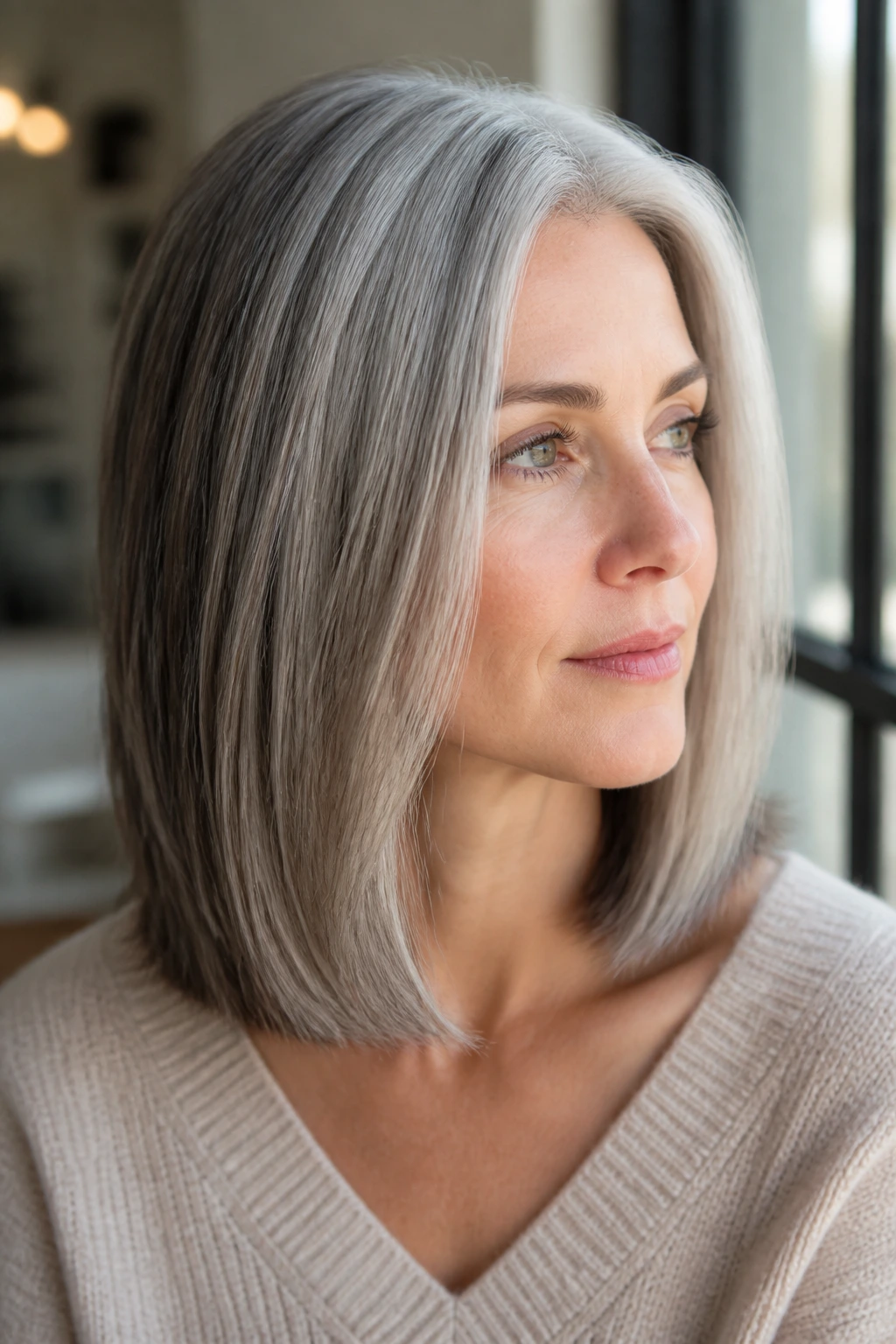 Close-up portrait of sleek shoulder-length cut with smoke shadow