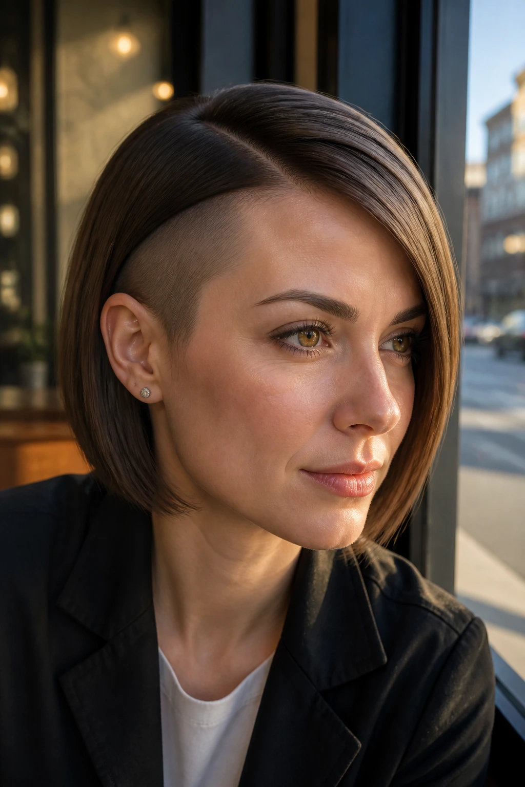 Sleek side-part bob with narrow shave on a real person