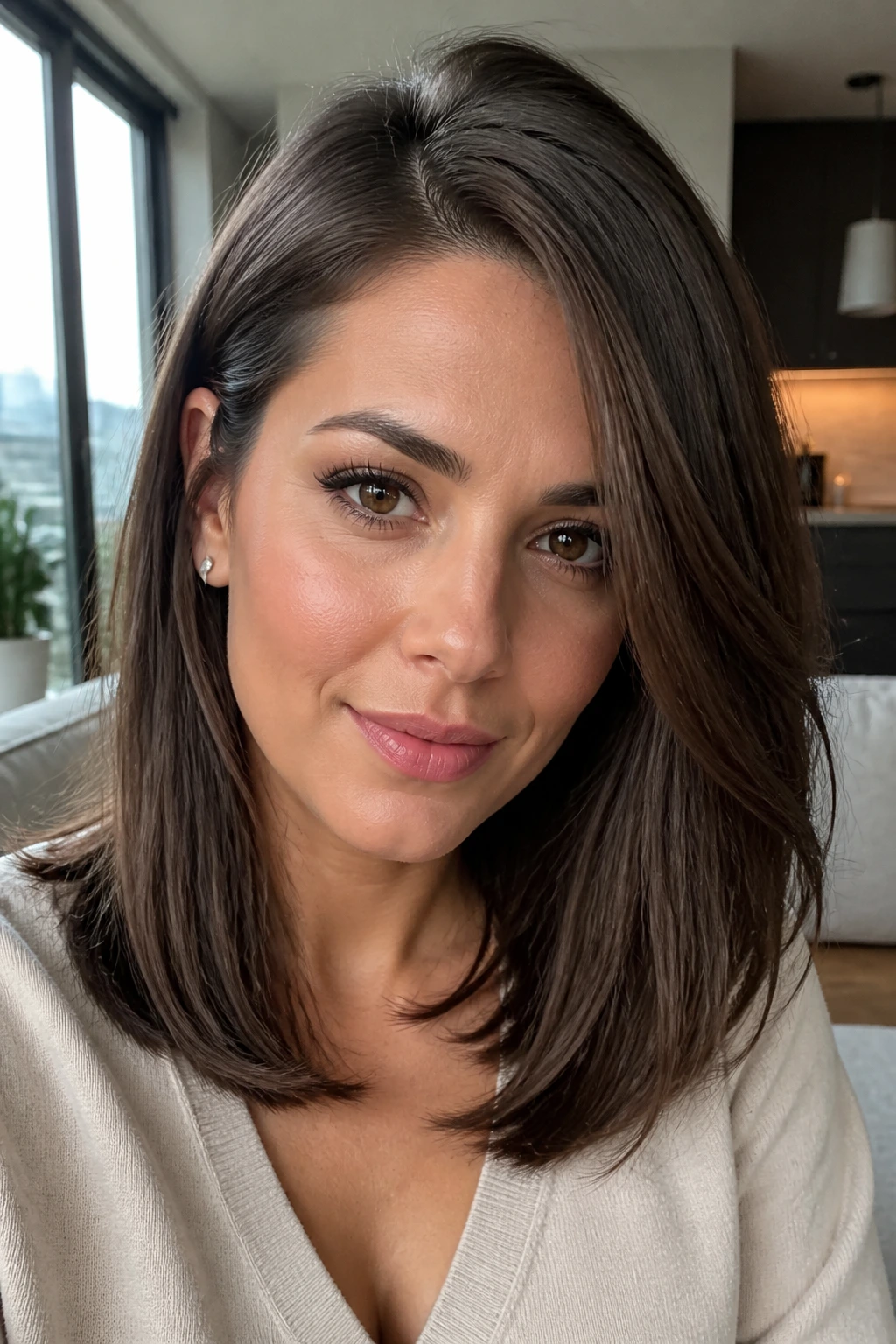 Real woman with sleek side-part and hidden underlayers, close-up