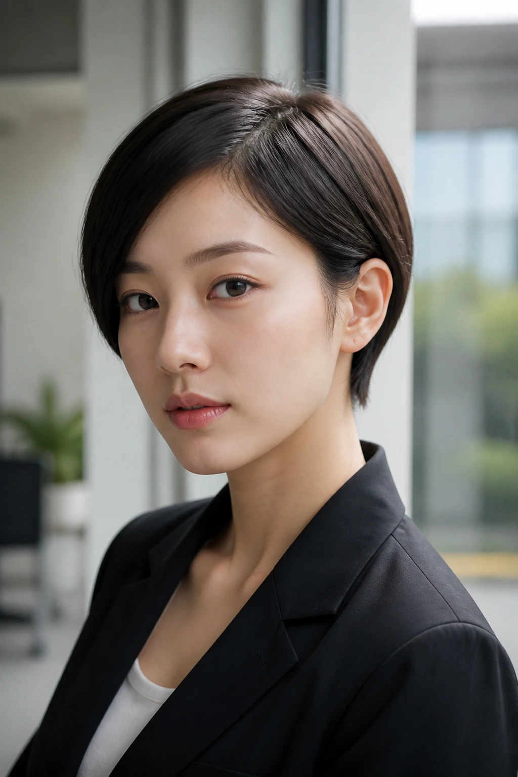Real person with sleek side-part pixie and tucked fringe portrait