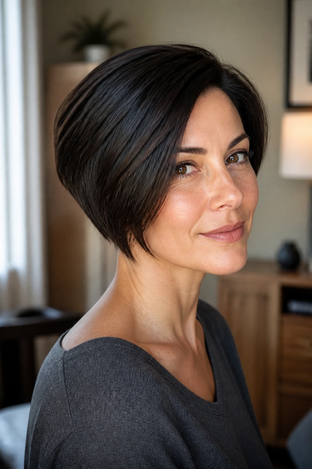Close-up portrait of a real woman with Sleek Deep Side-Part Stack hairstyle.