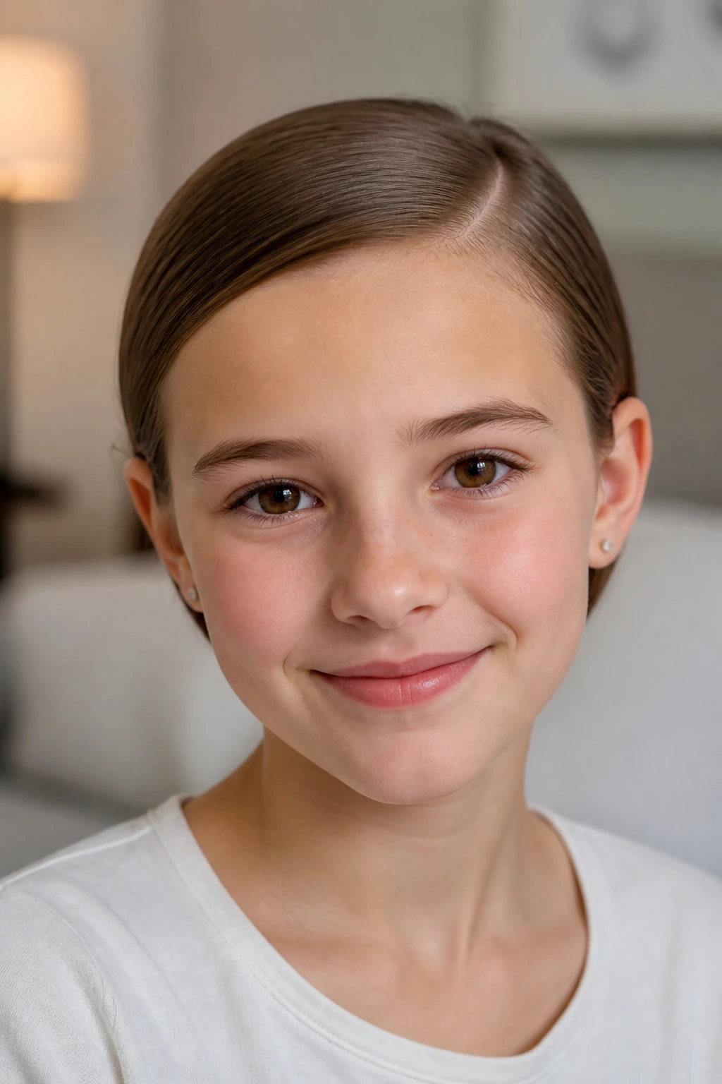 Close-up of a person with a sleek side part tucked behind both ears