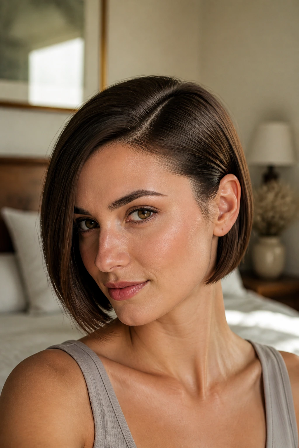 Close-up portrait of a real woman with a deep side-parted sleek bob, one side tucked behind the ear.