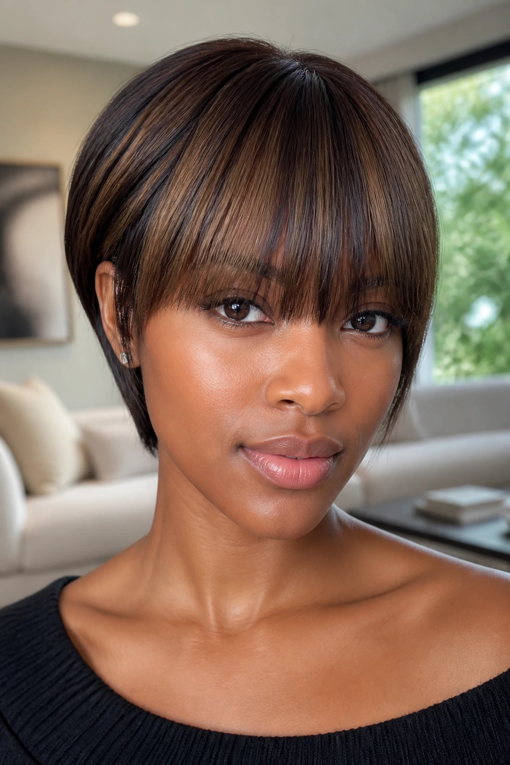 Sleek Silky Bang close-up on real person with neutral brown lowlights