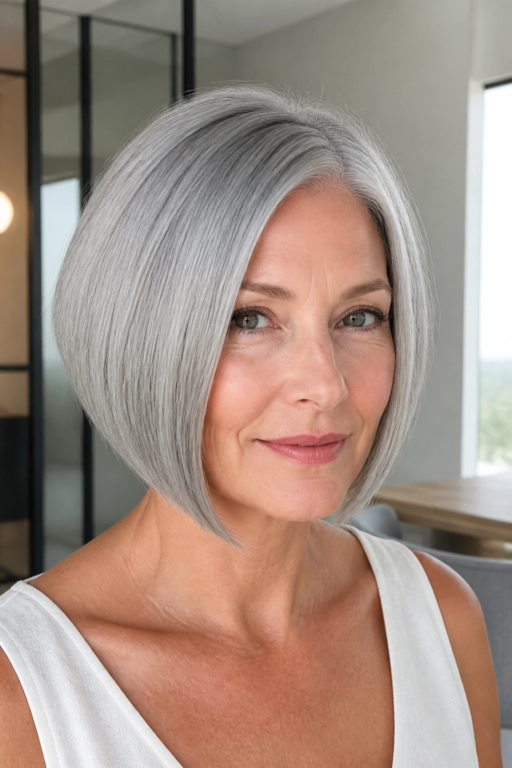 Close-up of a real woman with a sleek silver inverted bob in a bright modern interior