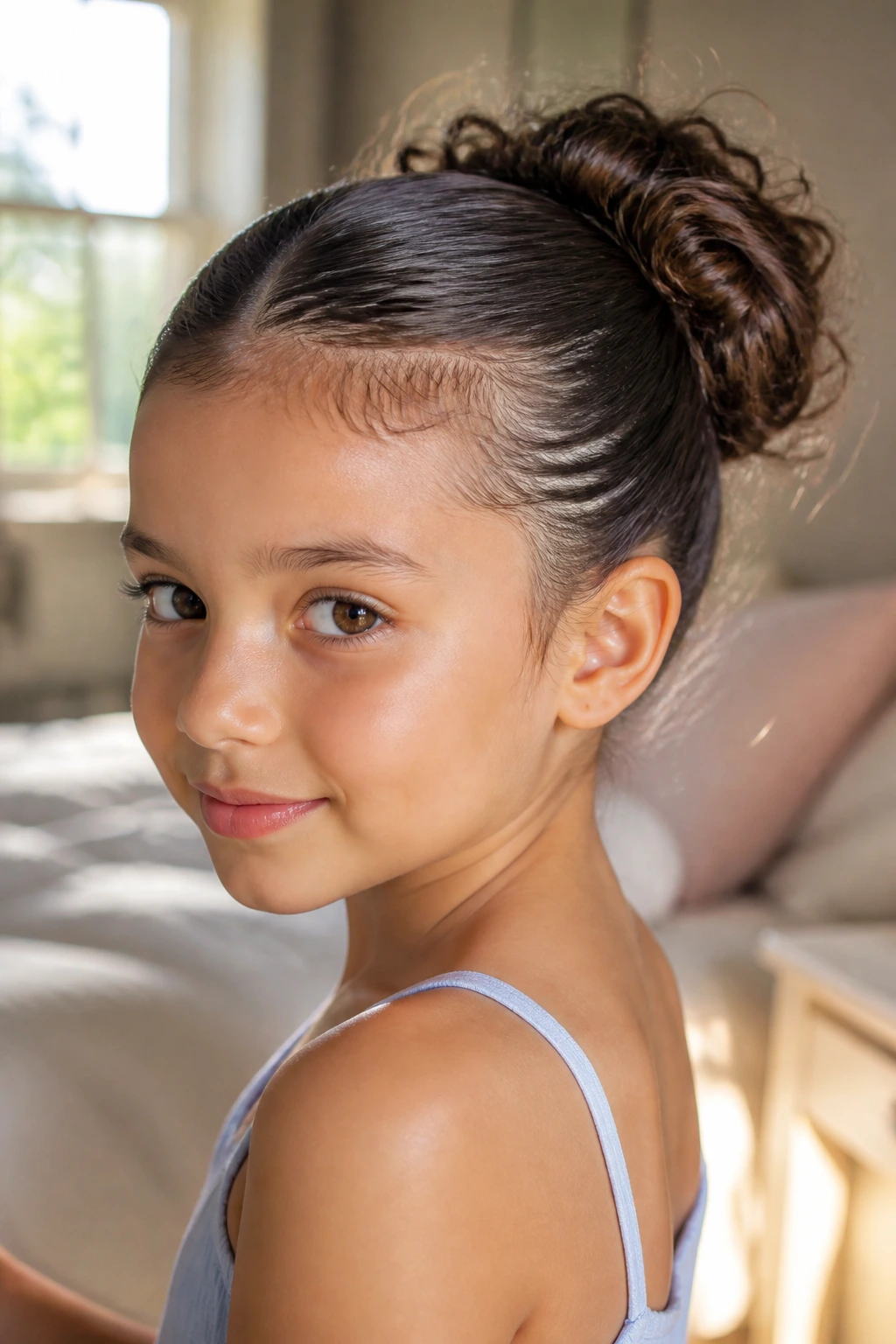Close-up of a real young girl with sleek front hair and textured bun under warm window light