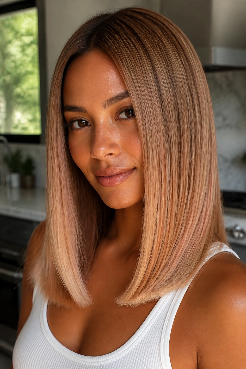 Sleek straight midlength strawberry blonde balayage on tan skin in a sunlit kitchen
