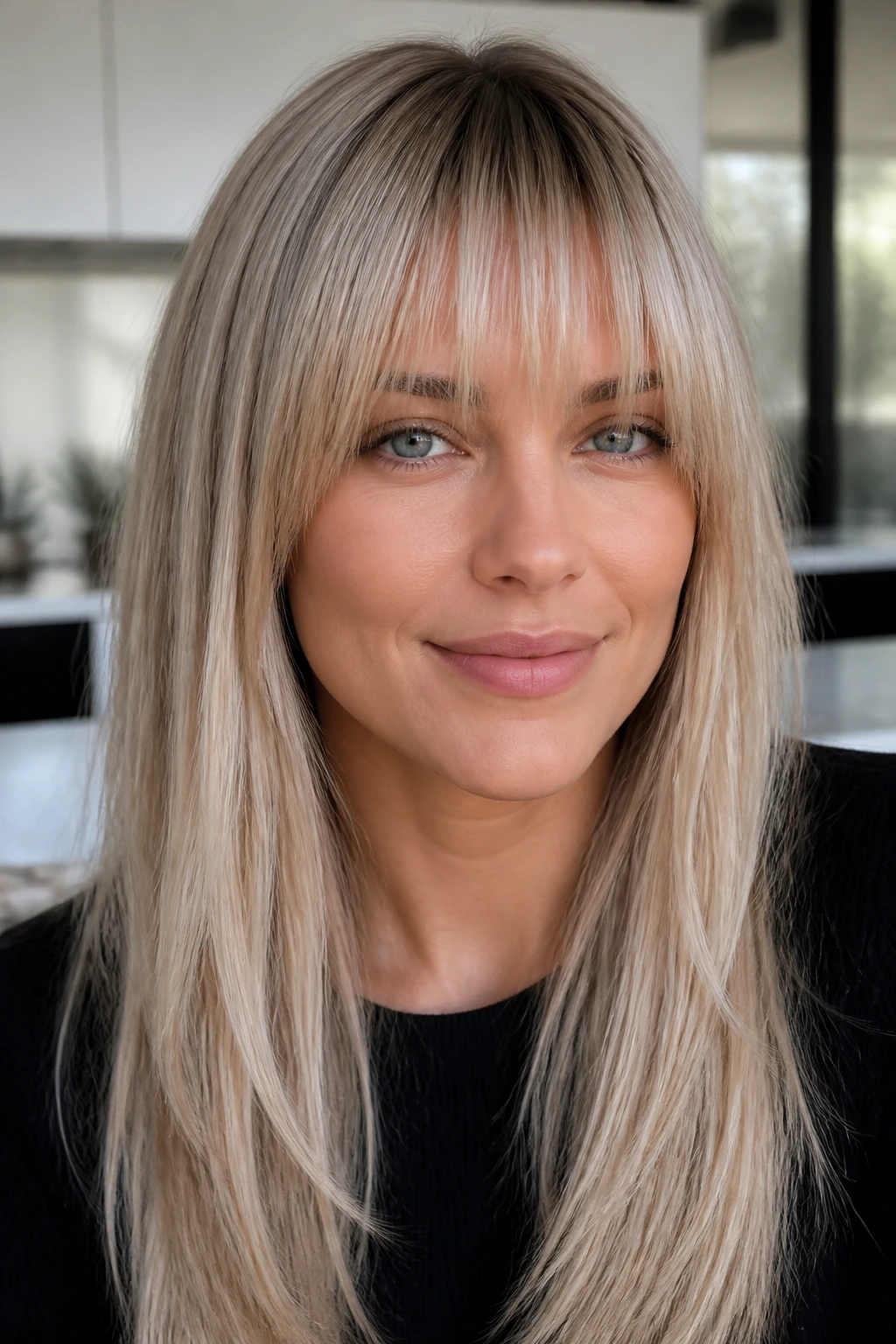 Woman with sleek straight bangs and platinum babylights in natural daylight