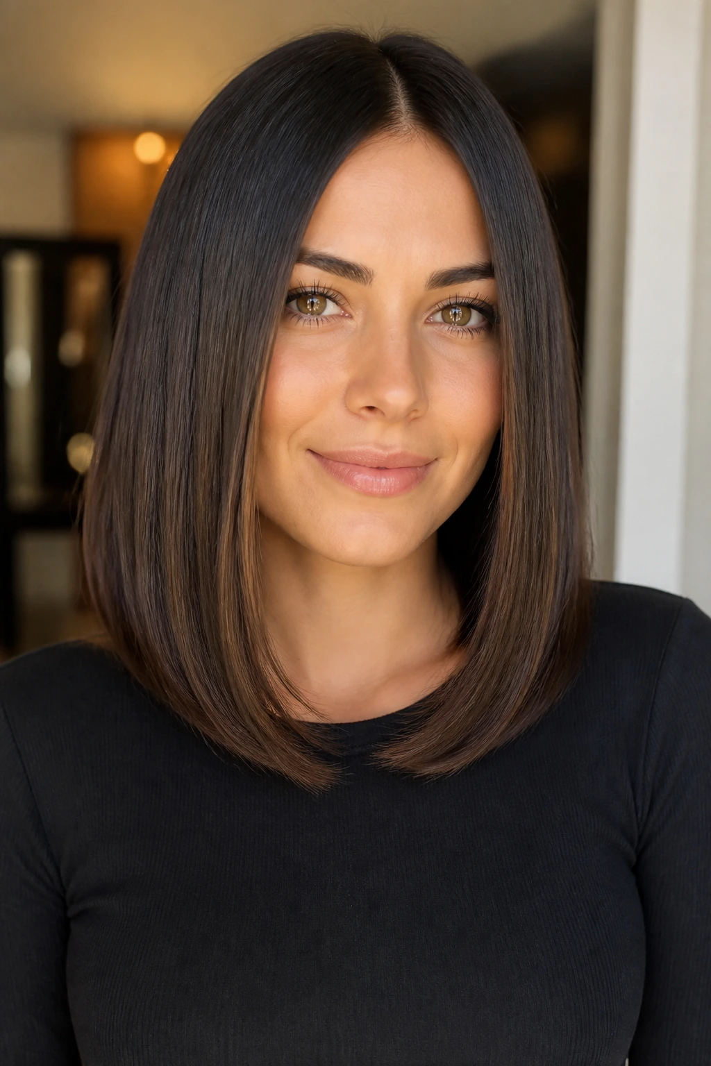 Portrait of a real woman with sleek straight hair and bent under ends