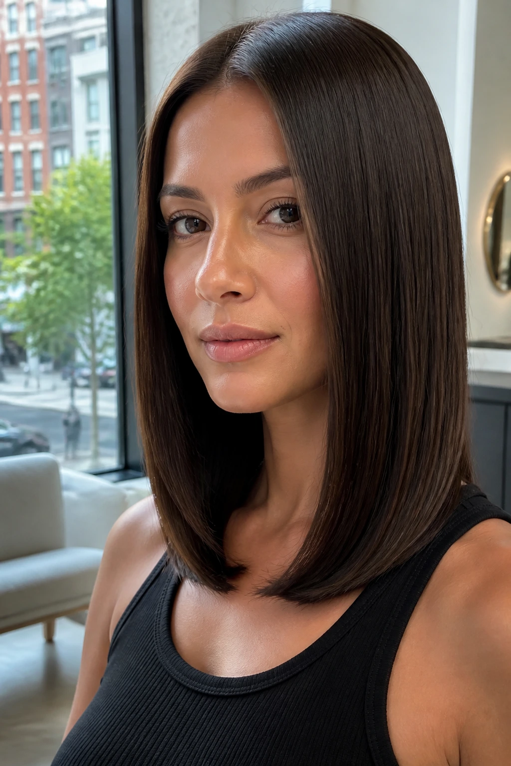 Close-up of a woman with sleek straight hair and beveled ends