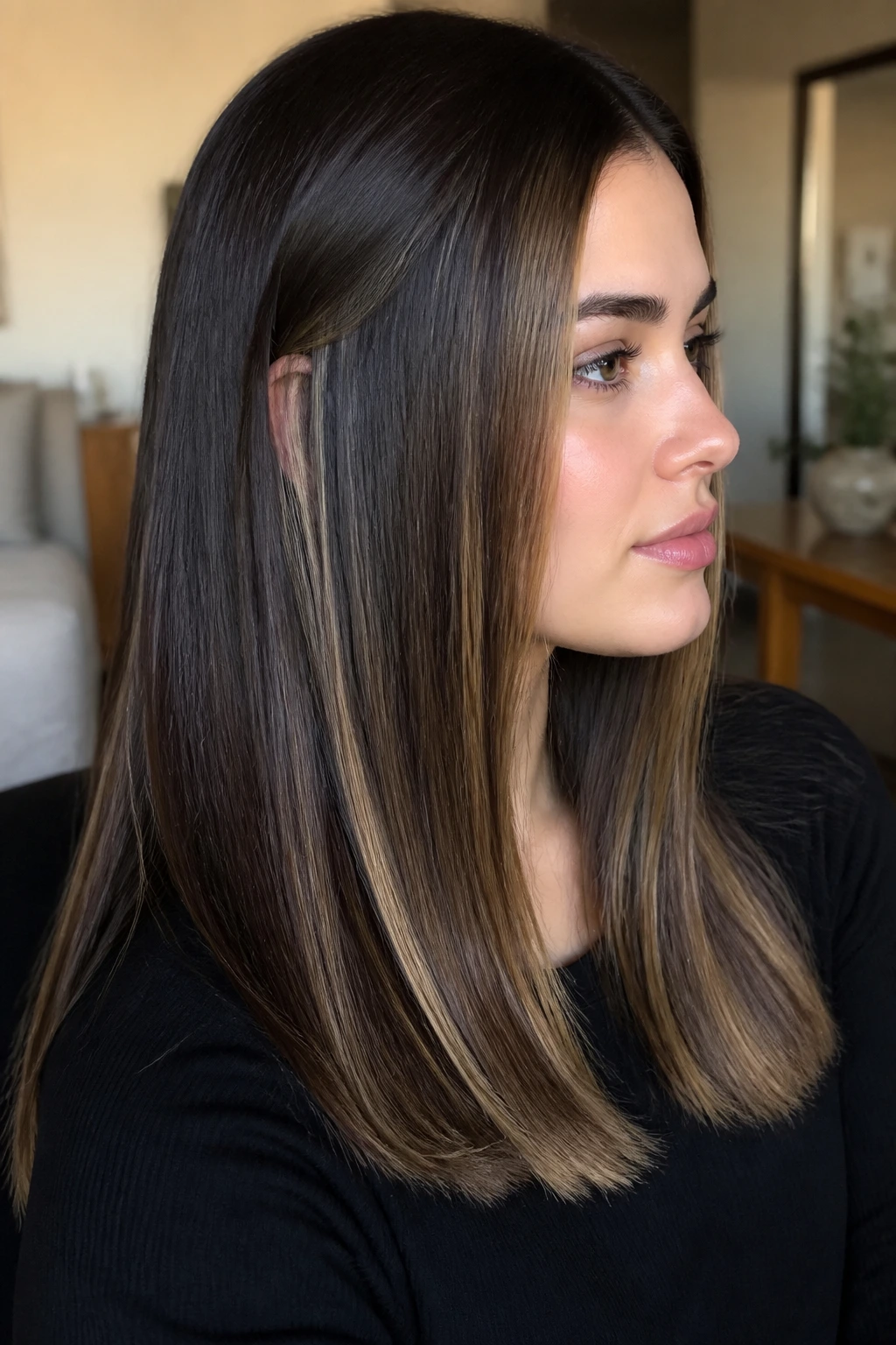 Close-up of a real woman with sleek straight hair and thin caramel panels behind the ear.