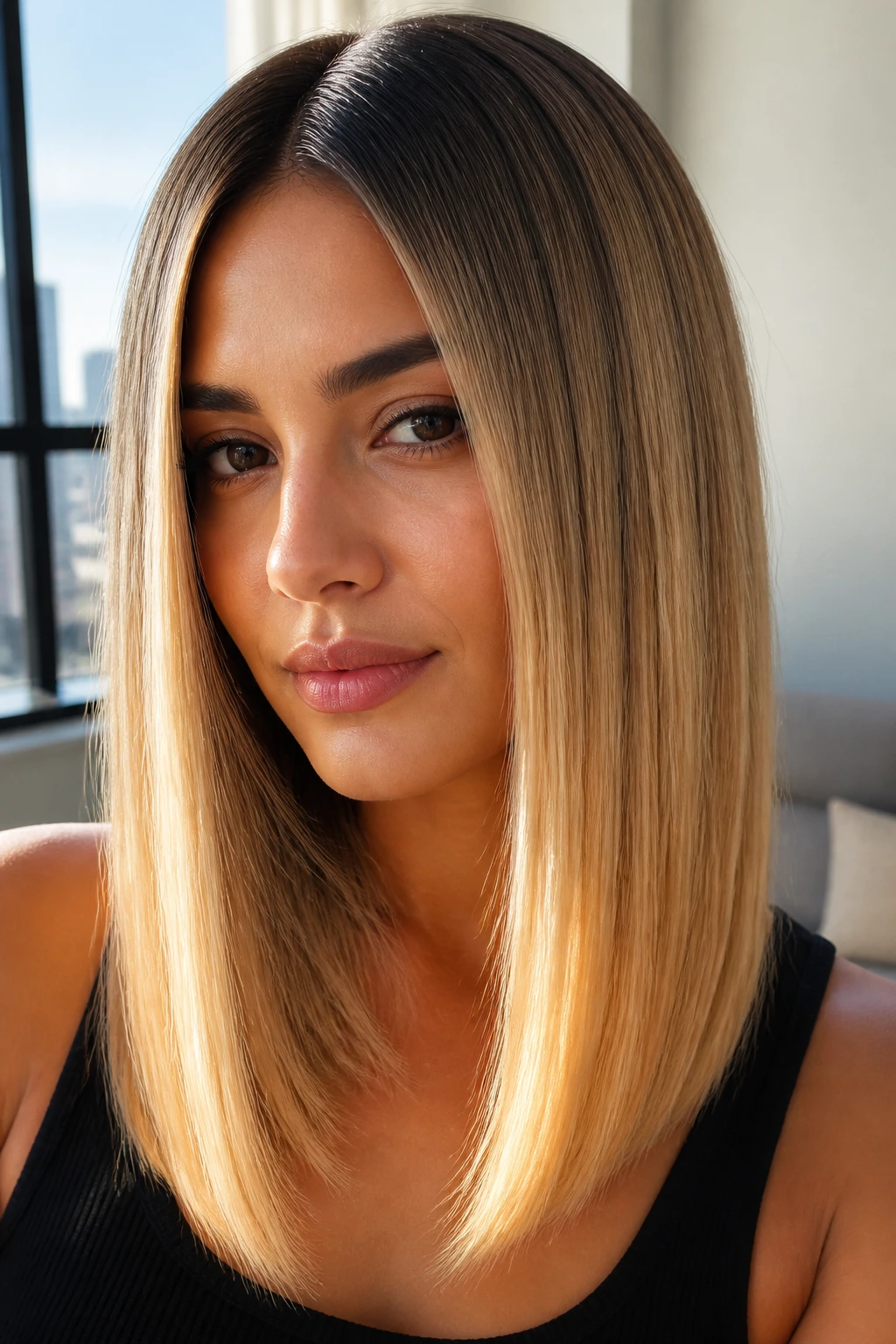 Real woman with sleek straight cut and candlelight ends on olive skin.