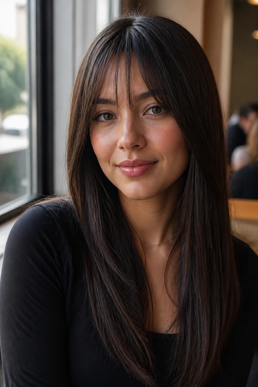 Close-up of a real woman with sleek straight hair and a narrow center fringe