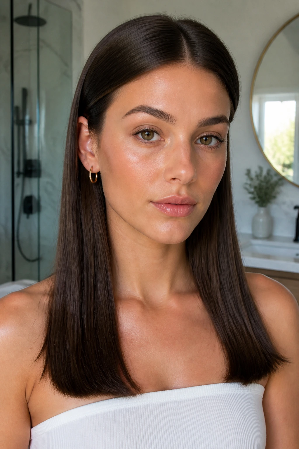 Close-up of a real person with sleek straight hair tucked behind the ears