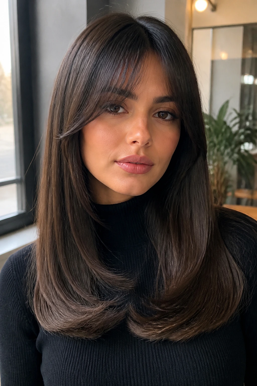 Close-up of a real woman with sleek straight hair and curved-under ends with curtain bangs