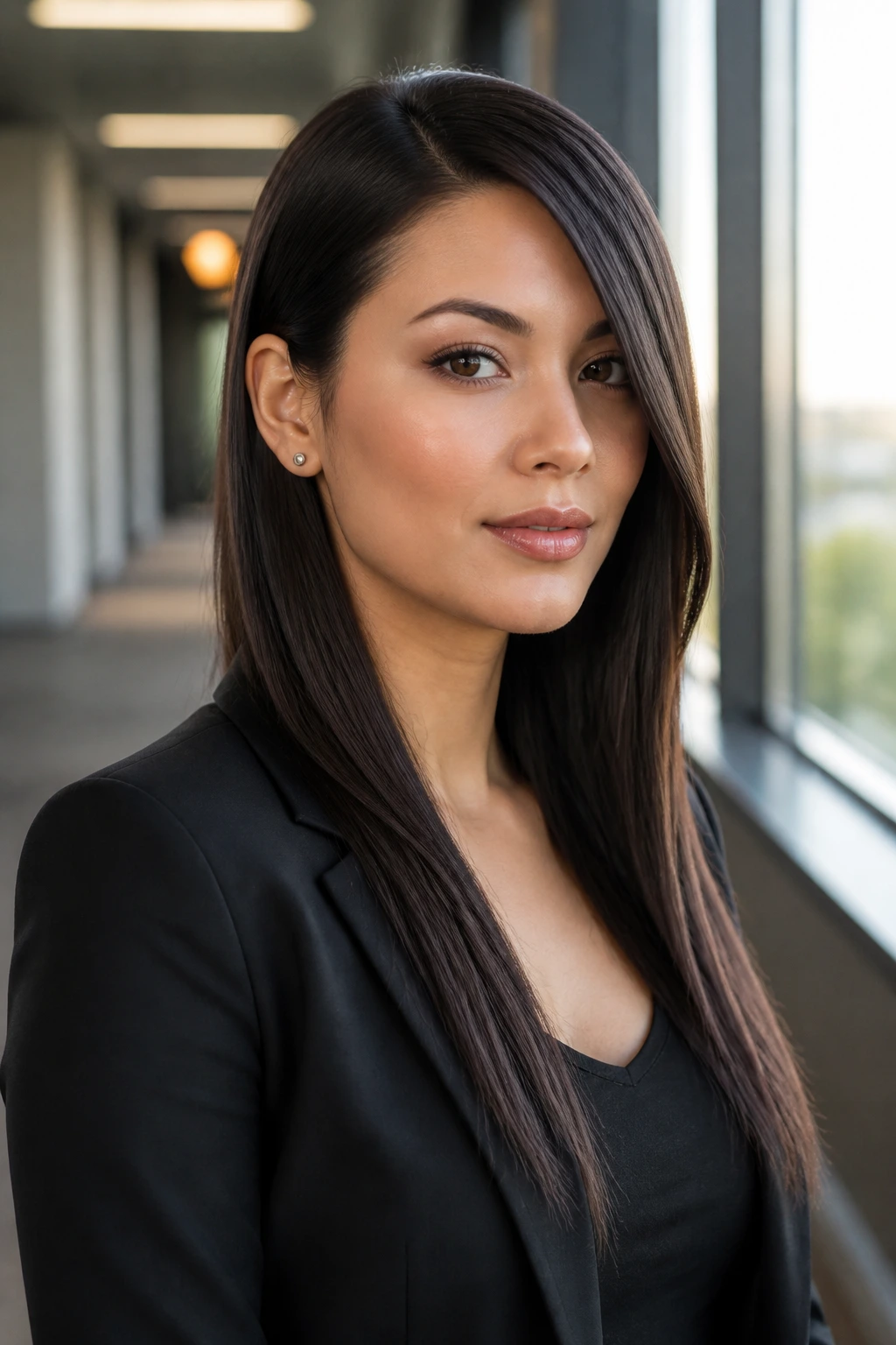 Close-up portrait of a woman with a diagonal-sweep sleek straight hairstyle, highlighting the modern haircut