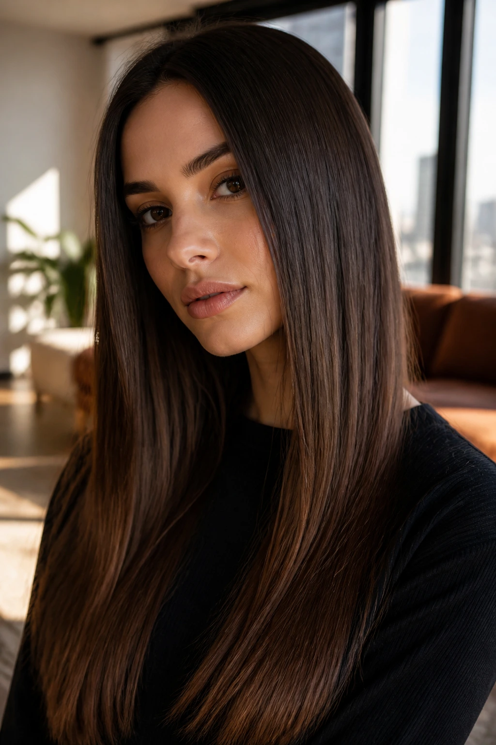 Close-up of a woman with sleek straight hair and hidden inner layers in warm light
