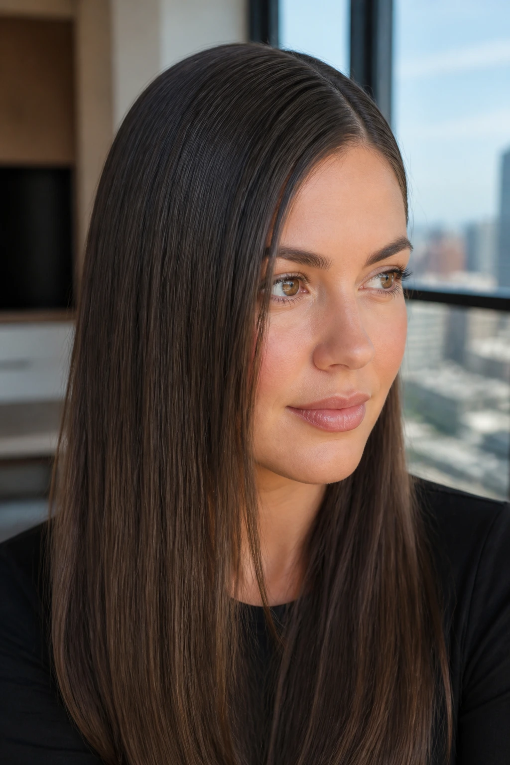 Portrait of a woman with sleek straight hair and a micro side part