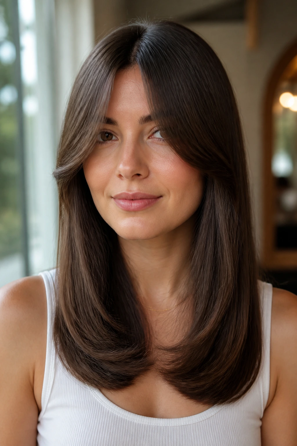Close-up of a real woman with sleek straight hair, rounded ends, and long curtain bangs near a window.