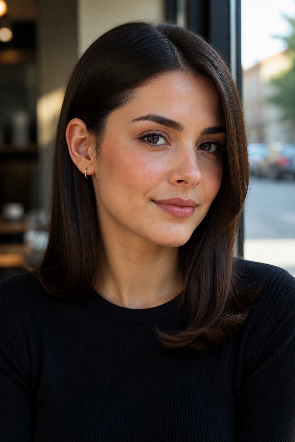 Brunette woman with sleek straight hair tucked at the sides