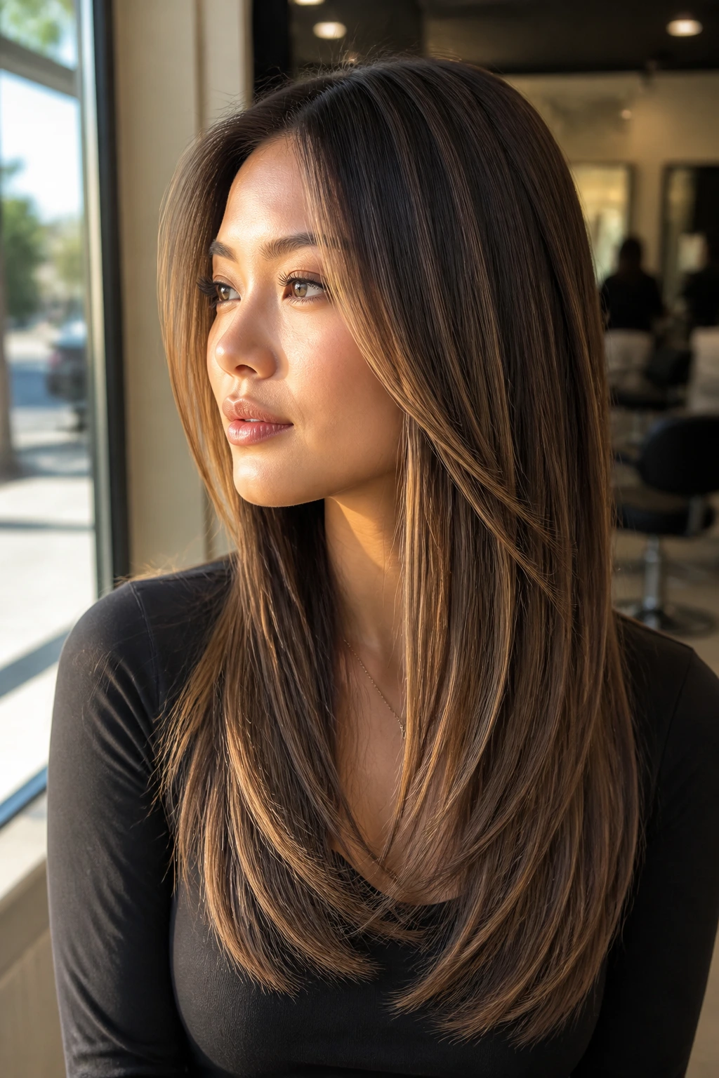 Close-up of a real woman with Sleek Straight Layers with Tapered Ends and caramel highlights.