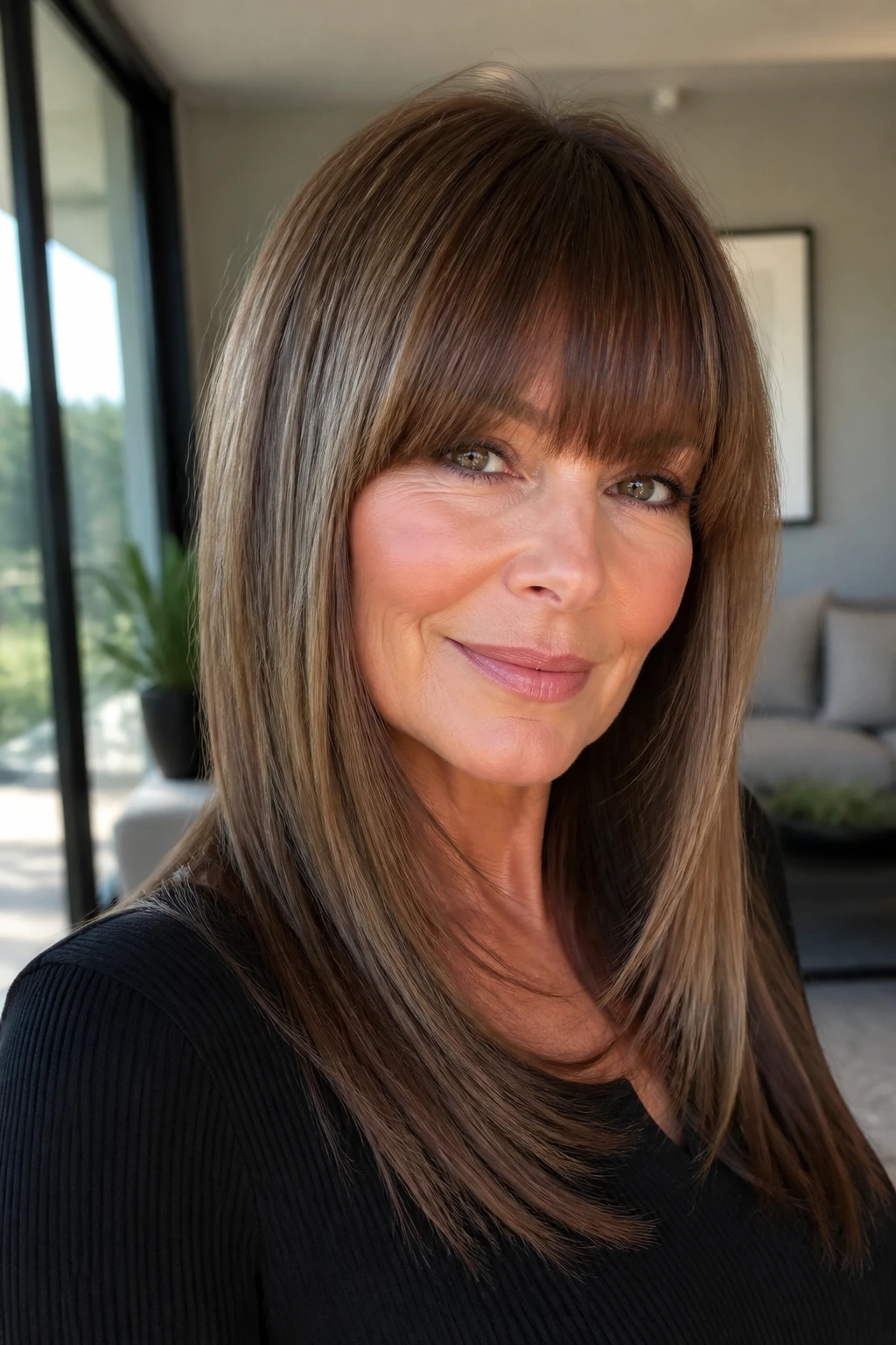 Portrait of a woman with sleek straight layers and full fringe