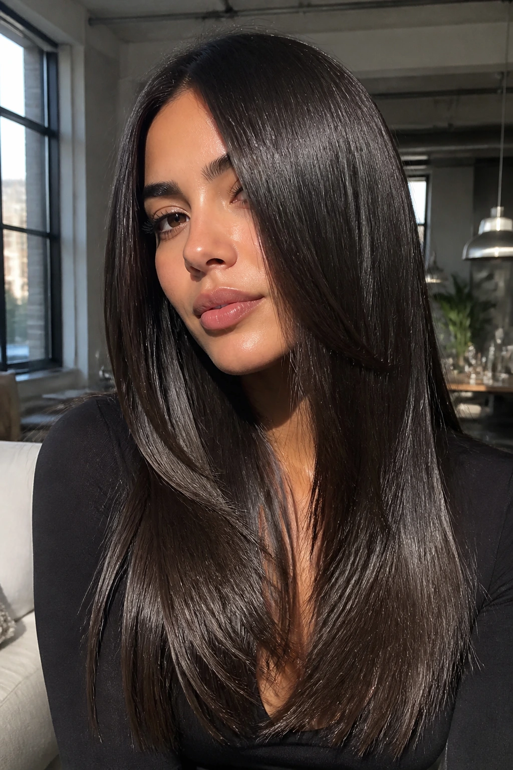 Real woman with sleek straight layered hair and glossy finish