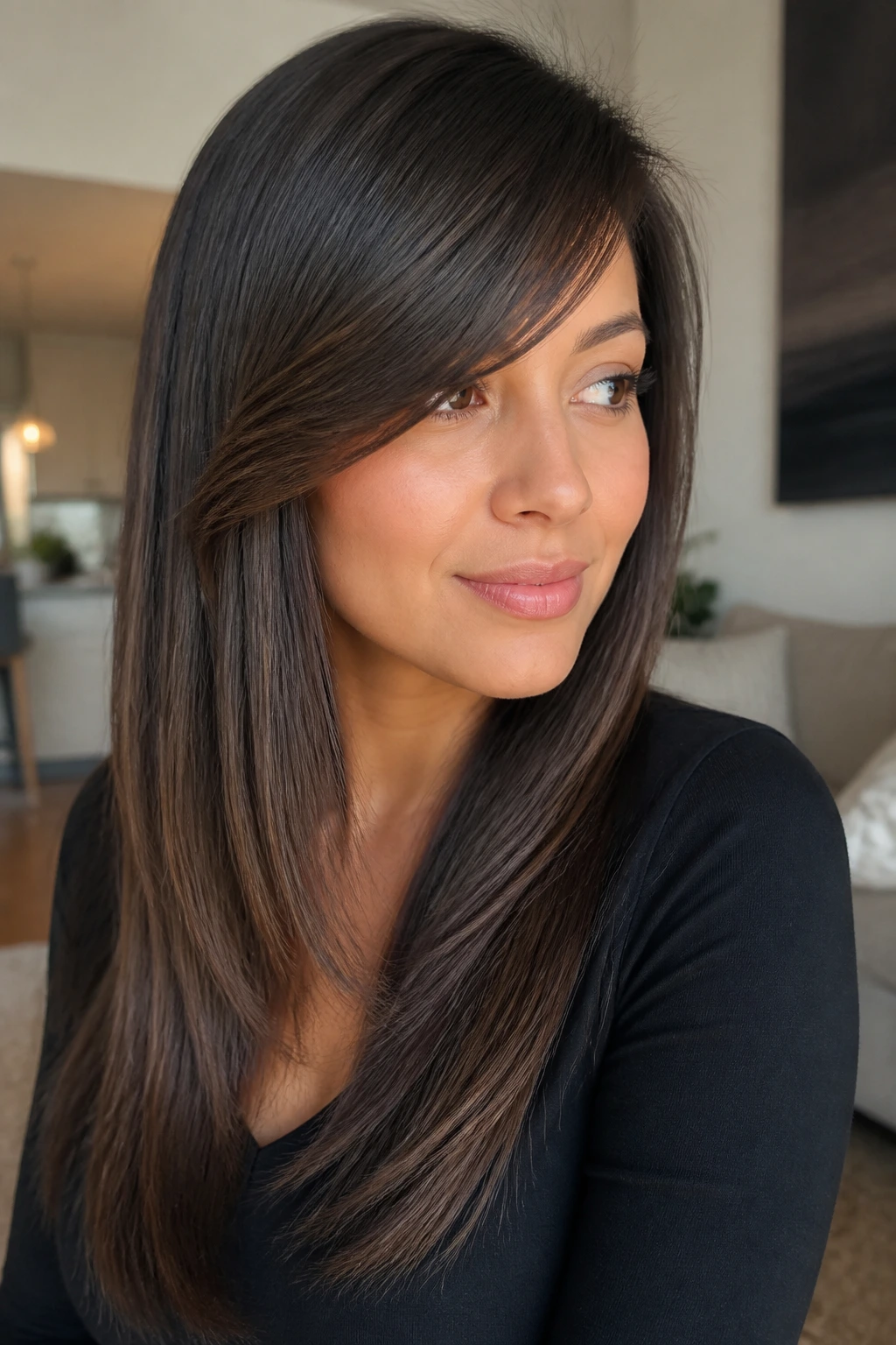 Close-up portrait of a real woman with sleek straight layers and side-swept fringe