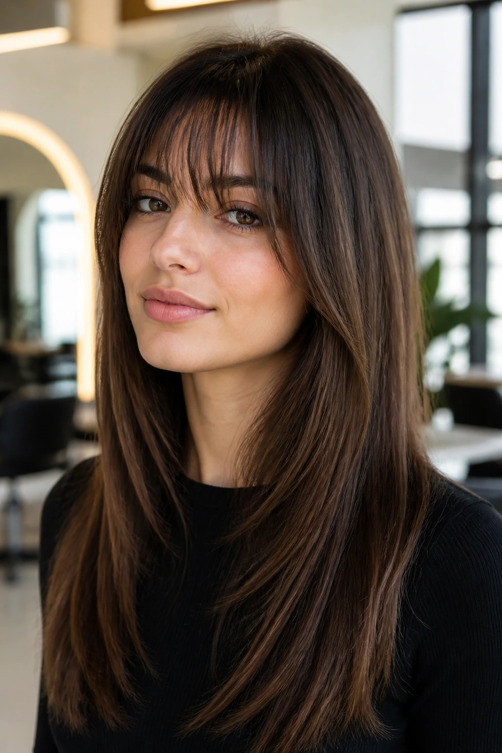 Close-up portrait of a real woman with sleek straight layers and soft broken bangs