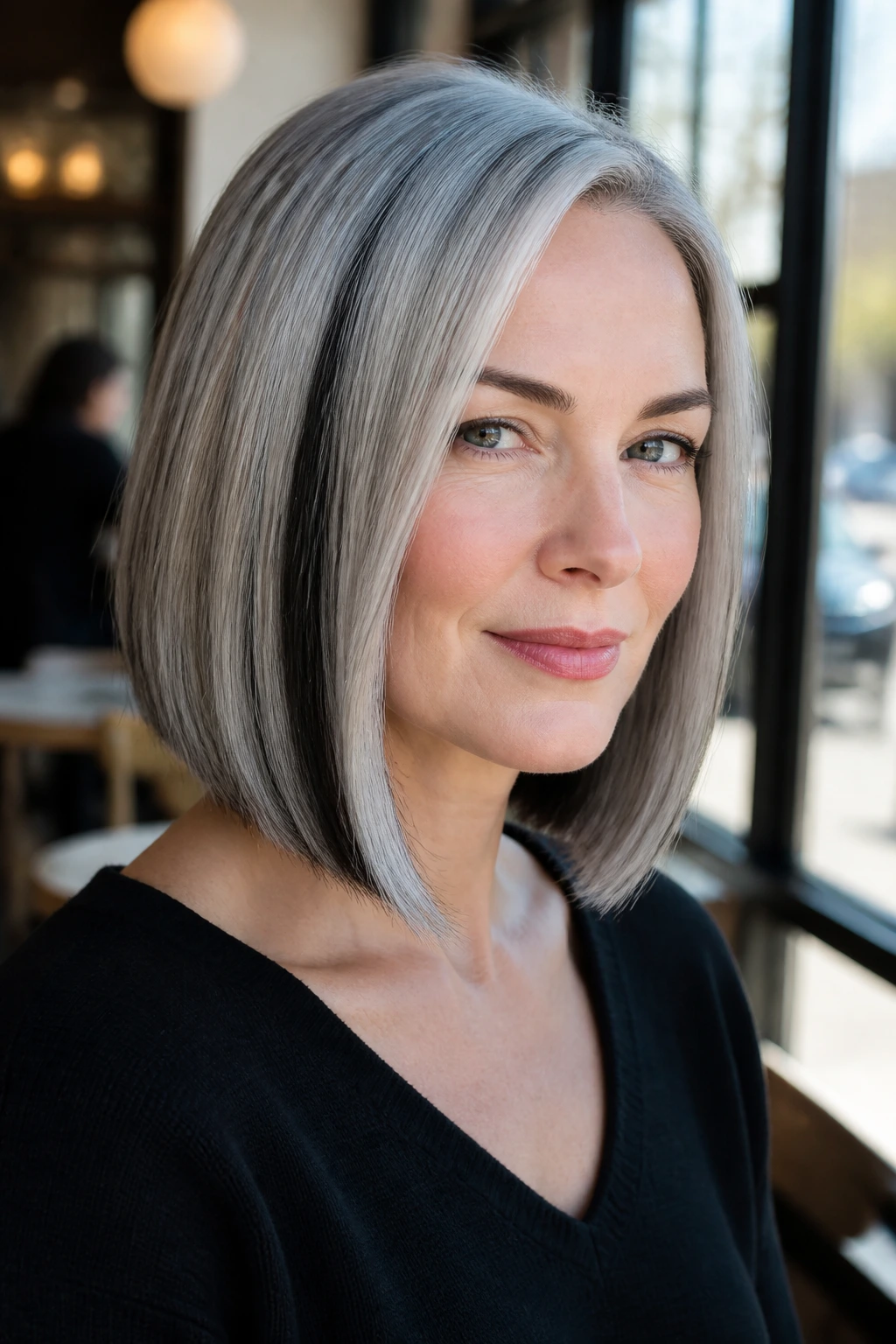 Close-up of a real woman with a sleek straight lob and graphite panels.