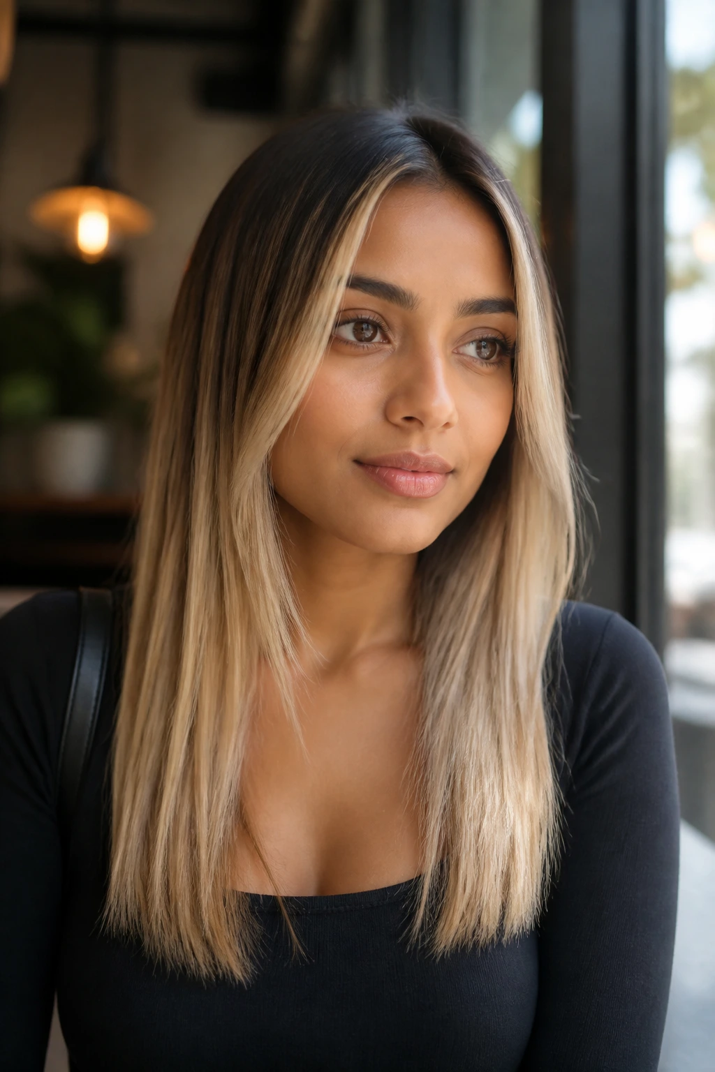 Close-up of sleek straight hair with soft money pieces on a real woman